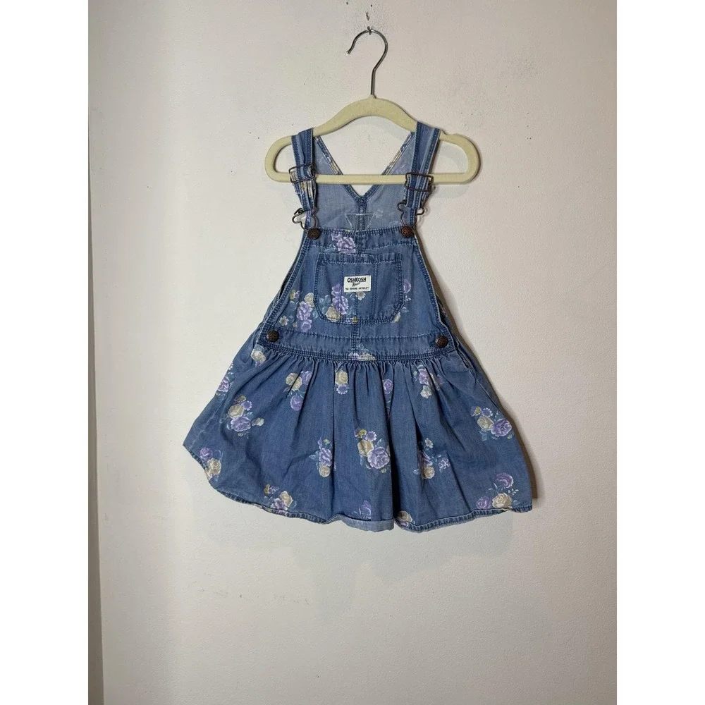 OshKosh B'gosh Overall Dress Girls 3T Blue‎ Floral Denim Adjustable Skirt